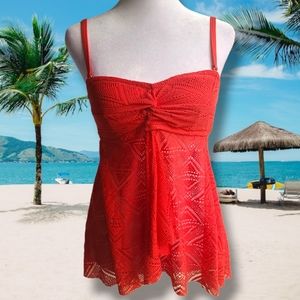BAHIA By Christina Red/Orange Twist Front Crochet Flyaway Tankini Top Si…